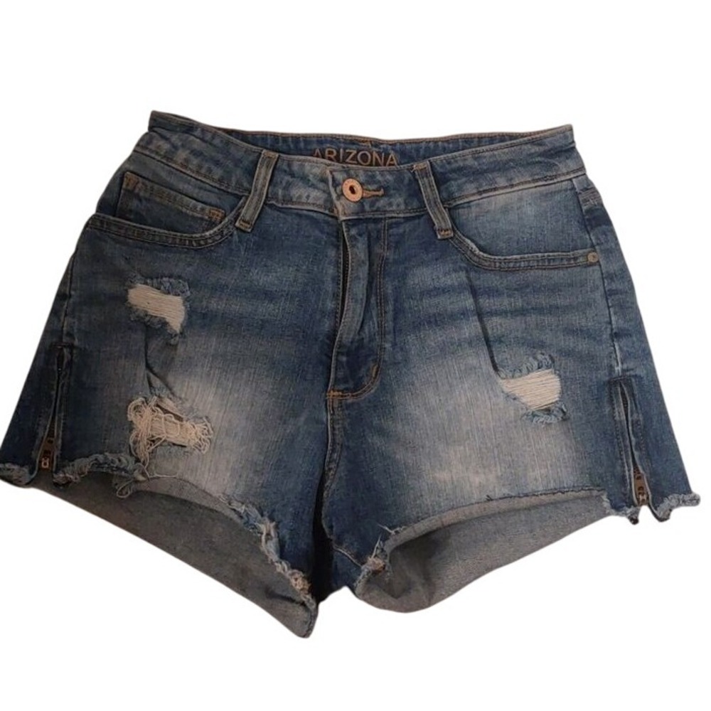 Y2K style Denim Shorts Distressed Raw Hem Zipper‎ Detail Blue #66C